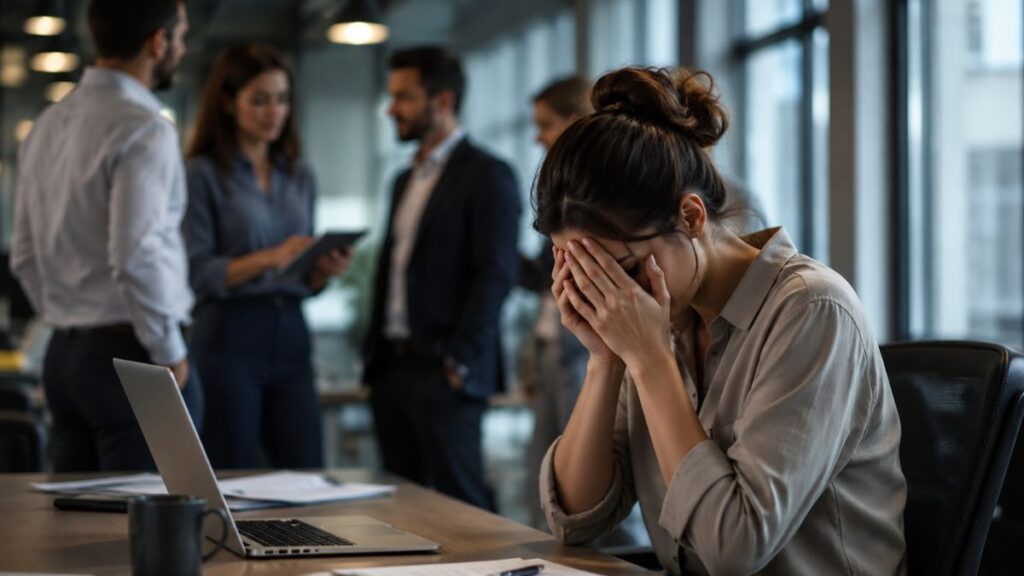 Assédio moral acende alerta nas empresas 3 Funcionária em ambiente corporativo durante situação de pressão psicológica no trabalho relacionada a assédio moral