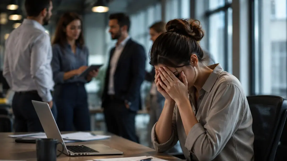 Funcionária em ambiente corporativo durante situação de pressão psicológica no trabalho relacionada a assédio moral