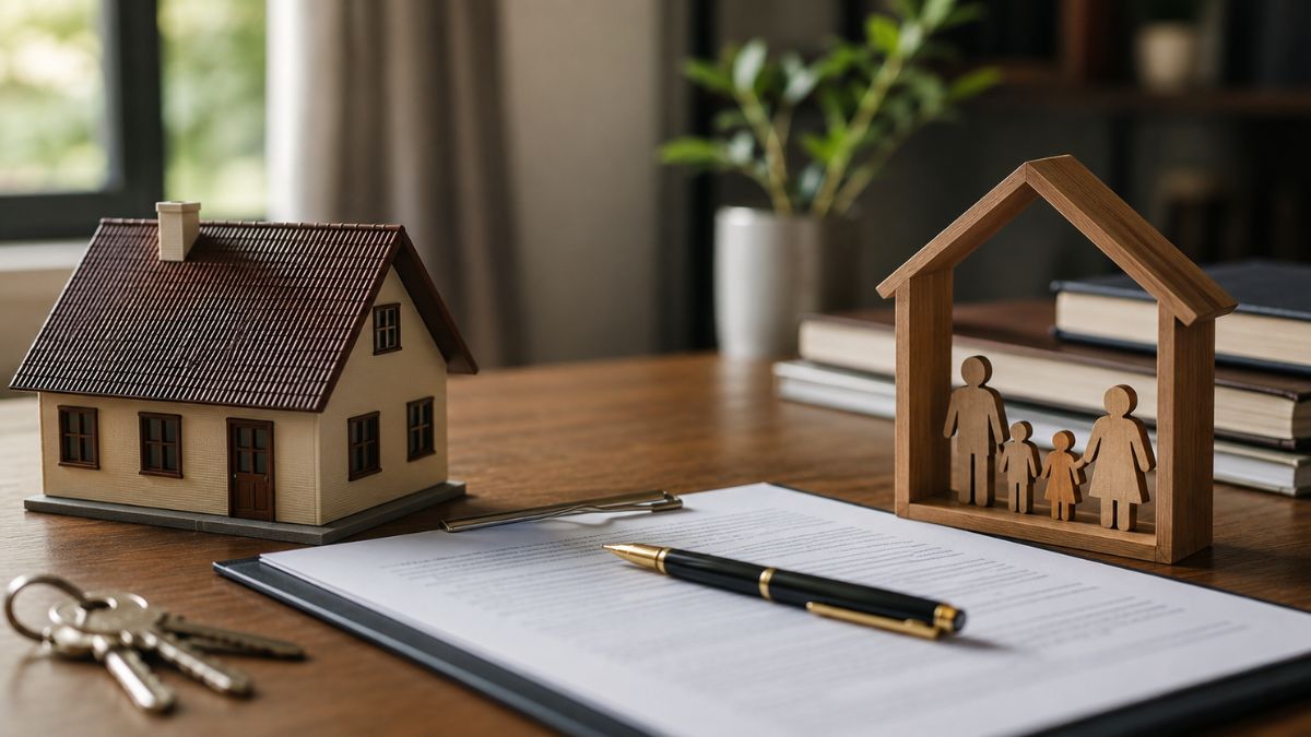Modelo de casa, documento e símbolo de família sobre mesa representam holding familiar e planejamento sucessório após decisão do STJ.