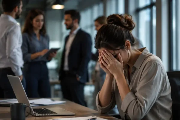 Funcionária em ambiente corporativo durante situação de pressão psicológica no trabalho relacionada a assédio moral