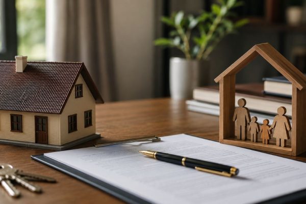 Modelo de casa, documento e símbolo de família sobre mesa representam holding familiar e planejamento sucessório após decisão do STJ.